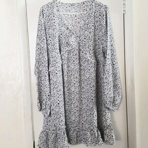 Leopard Spot White V-neck Ruffle Cross Bodice Ruffle Hem Long Sleeve Dress SZ XL